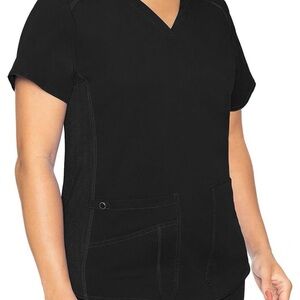 Med Couture Black V-Neck Scrub Top with Front Pockets Rib Knit Side Size L